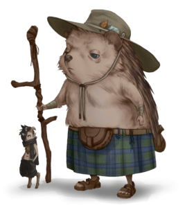 an anthropomorphic hedgehog wearing a green hat, green and blue plaid kilt, and sandals holding a walking stick, standing next to a waste-height goth satyr.
