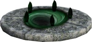 round stone pedestal of 5 stones, an engraved design on the stones. At the center, a back and green vortex surrounded by 5 black stones with a slightly green tint