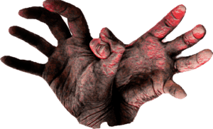 a pair of zombified hands with blood, linked at the thumbs