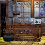 fantasy shop with cages on an ornate cupboard and a cauldron in front. Book, laptop, and phone on counter. Wyrmworks Publishing dragon head logo in window.