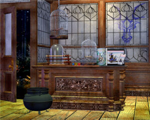 fantasy shop with cages on an ornate cupboard and a cauldron in front. Book, laptop, and phone on counter. Wyrmworks Publishing dragon head logo in window.