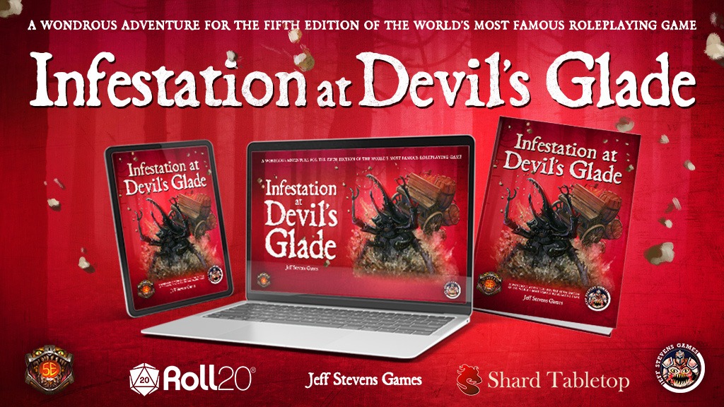 Rocks falling around a red background, mockups of adventure cover on tablet, laptop, book with giant stag beetle bursting through ground under cart. A wondrous adventure for the fifth edition of the world's most famous roleplaying game. Infestation at Devil's Glade. Roll20 Jeff Stevens Games Shard Tabletop 5e