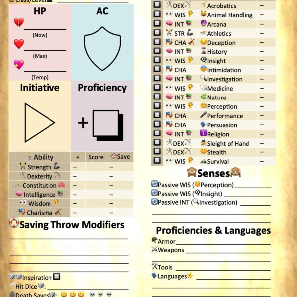 dnd character sheet with emojis - Wyrmworks Publishing