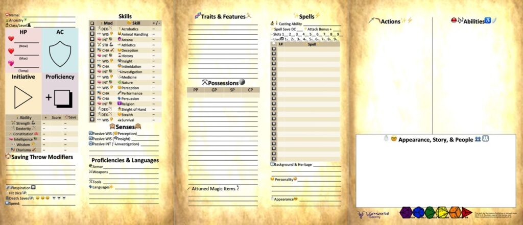 3 side-by side emoji-laden 5e character sheet pages with aged parchment background