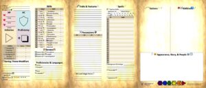 3 side-by side emoji-laden 5e character sheet pages with aged parchment background