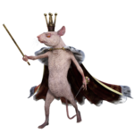 white bipedal mouse wearing a crown and cape holding 2 rapiers