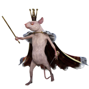 white bipedal mouse wearing a crown and cape holding 2 rapiers