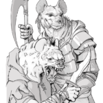line drawing of 2 gnolls, one holding a polearm and one with a shortsword
