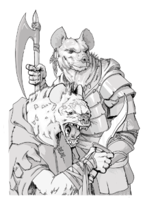line drawing of 2 gnolls, one holding a polearm and one with a shortsword