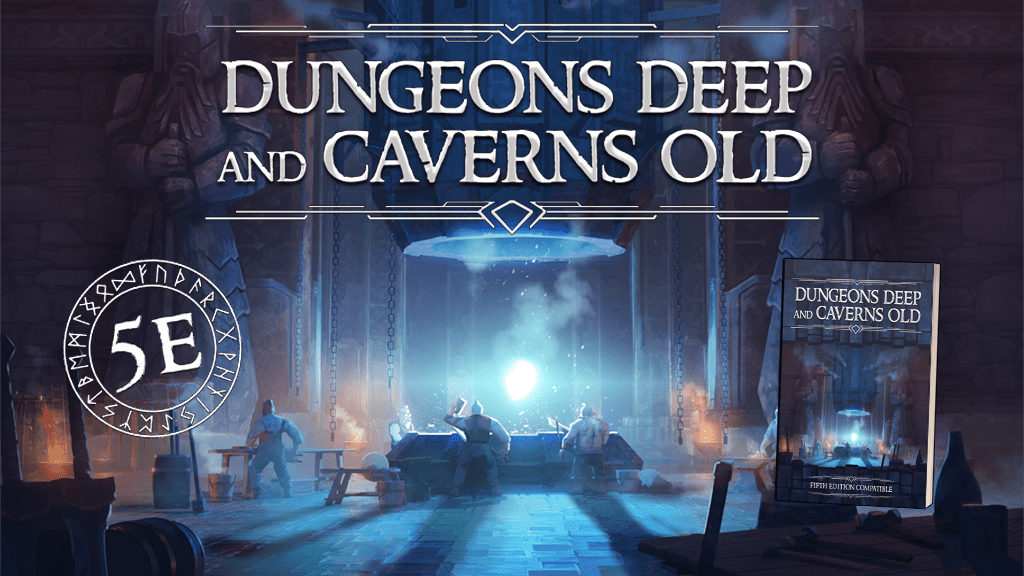 Dungeons Deep And Caverns Old 5E; Blue dwarven mine background; book cover with the same image