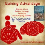 Gaining Advantage: Making Lives Better through tabletop role-playing games; Wyrmworks Publishing Logo; Disability symbol with wheelchair wheel replaced by d20; Brain with embedded d20; cover of 50 years book
