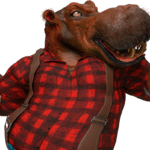 humanoid hippo in red plaid flannel shirt and suspenders giving thumbs up
