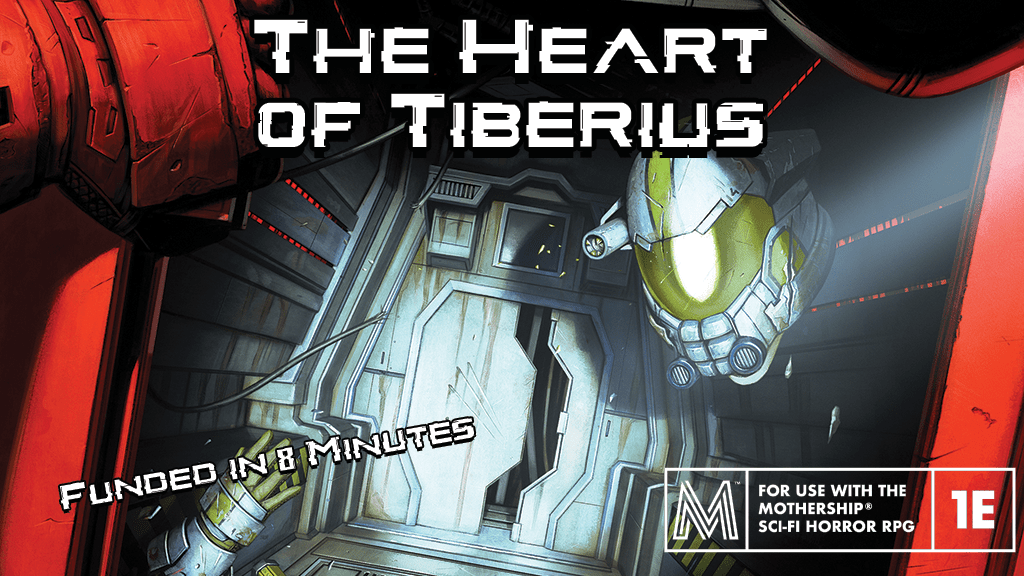 A robot drone in a spaceship hallway. The Heart Of Tiberius. Funded In 8 Minutes. For use with the Mothership® Sci-Fi Horror RPG 1E