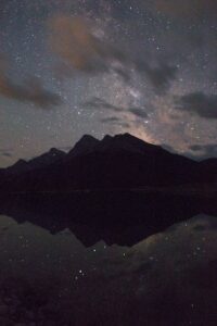 mountains and a starlit sky reflected in water