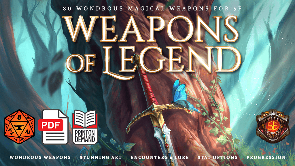 Sword resting against a tree with a butterfly on the hilt. 80 Wondrous Magical Weapons For 5E Weapons Of Legend Foundry VTT Logo PDF 5E Print On Demand Wondrous Weapons I Stunning Art | Encounters & Lore | Stat Options Progression