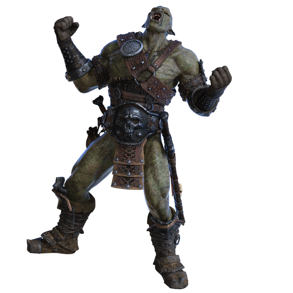 A green orc raging with arms raised