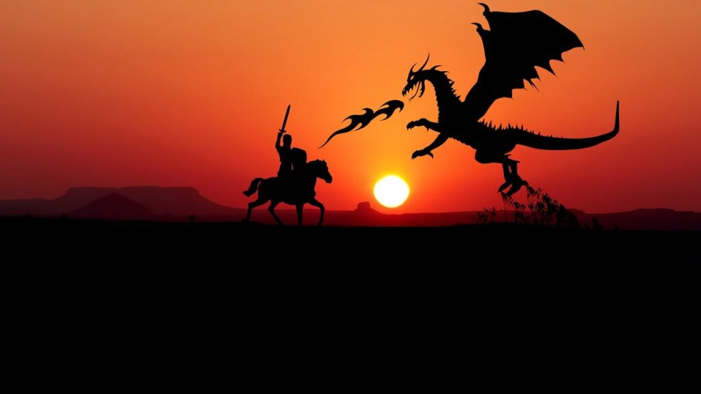 silhouette of mounted knight fighting a dragon against a sunset background