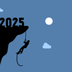 silhouette of a man climbing a rope to a 2025 cliff ledge