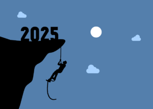 silhouette of a man climbing a rope to a 2025 cliff ledge