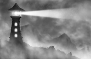 lighthouse shining in fog over rocks, greyscale