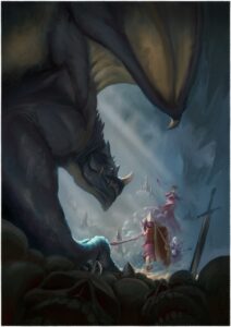 3 adventurers face a looming blue dragon.