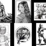 a grid of 6 grayscale characters: a caster with a goblin servant at a table, an elf looking over her shoulder, a dragonborn chef, a dwarf with an ax, a dwarf barkeep, and an orc dreadnought leaning on her ax