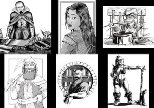 a grid of 6 grayscale characters: a caster with a goblin servant at a table, an elf looking over her shoulder, a dragonborn chef, a dwarf with an ax, a dwarf barkeep, and an orc dreadnought leaning on her ax