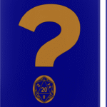 blue book with gold question mark, a D20 as the mark's dot