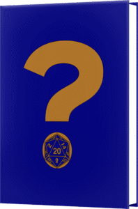 blue book with gold question mark, a D20 as the mark's dot