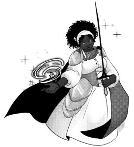 femme cleric holding a rapier and casting a spell