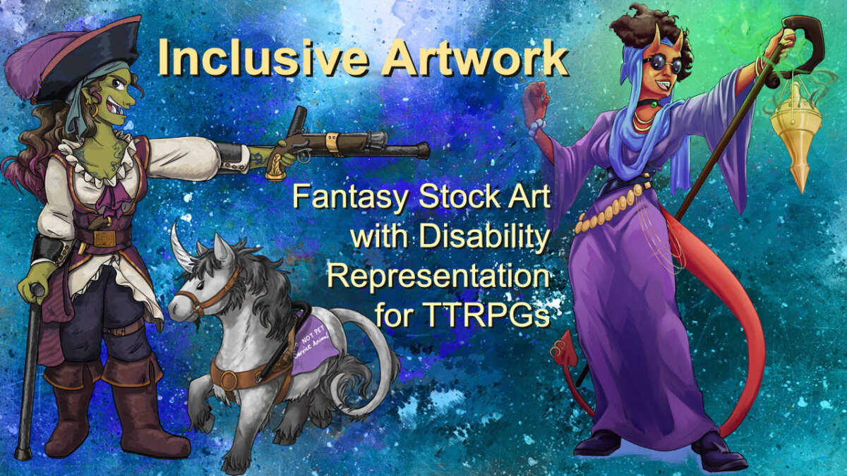 Inclusive Artwork: Fantasy Stock Art with Disability Representation for TTRPGs: Half-orc pirate with a cane, unicorn service animal, blind tiefling with staff and censer with eye-shaped glyph