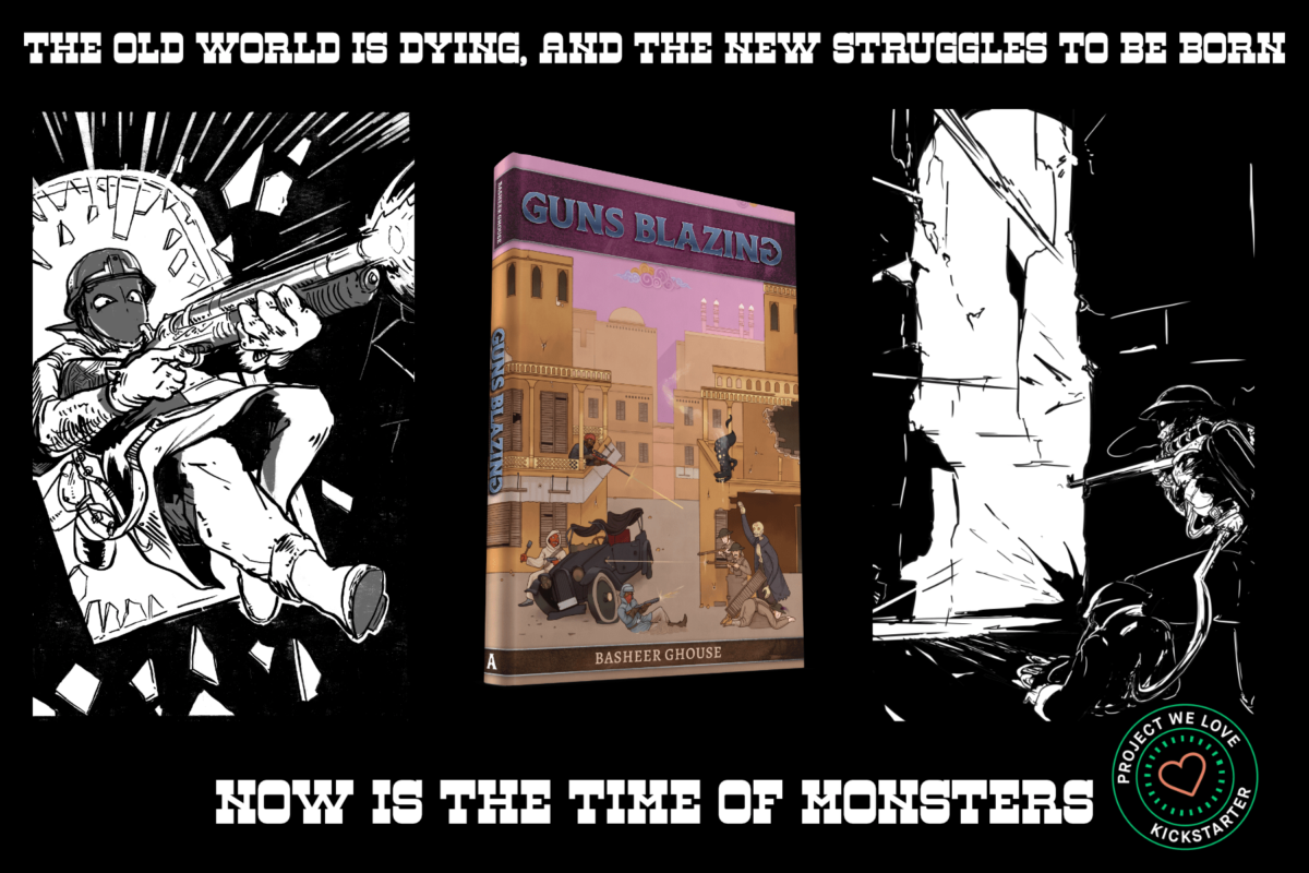 now is the time of monsters: black and white graphic, with three gun-centric images, the center being a book of a street scene, depicting guns