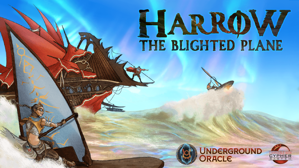 A boat, and 2 sailboards moving across sandy dunes. Harrow The Blighted Plane. Underground Oracle. Compatible with Cypher System