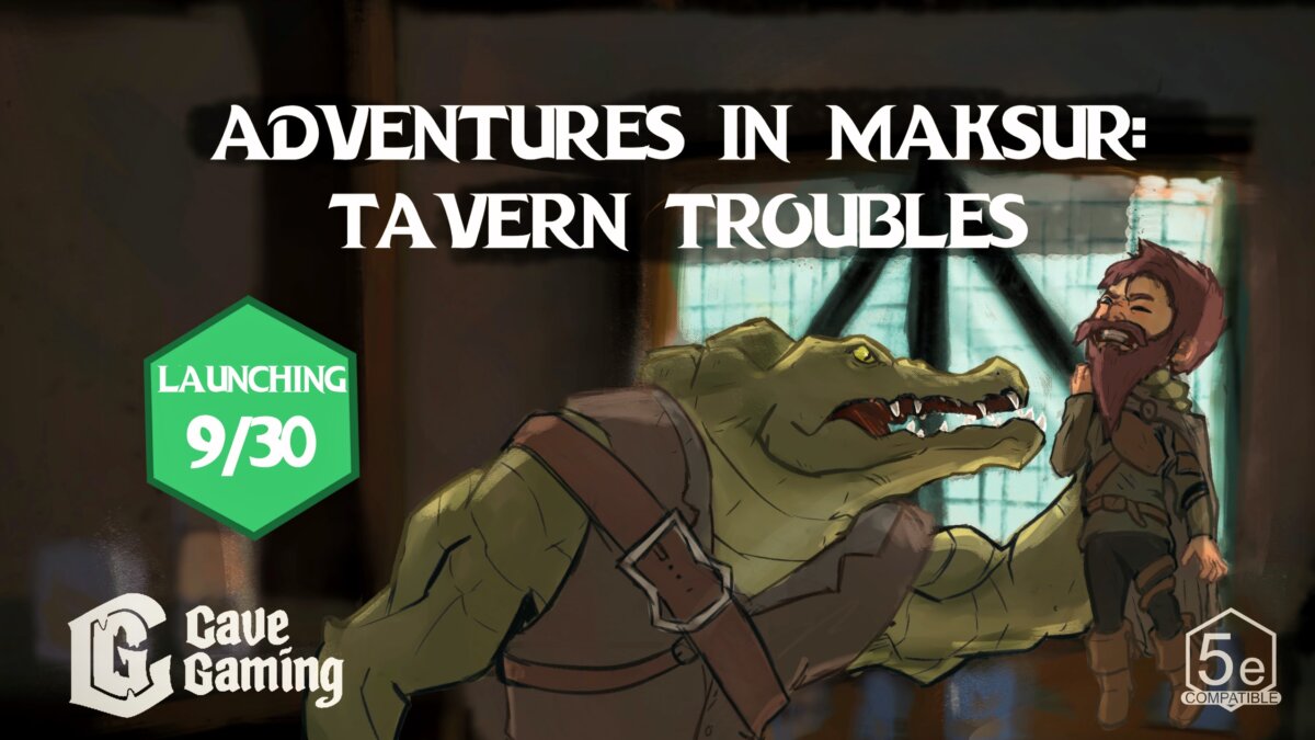 Humanoid alligator threatening a halfling in a tavern. Adventures In Maksur Tavern Troubles Launching 9/30 Cave Gaming 5e Compatible