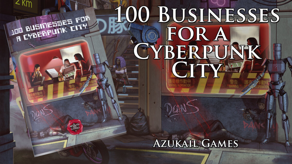 100 Businesses For A Cyberpunk City. Azukail Games. A robot standing in front of a large window in a run-down street of a city. Inside the window, a bar where someone is showing a briefcase full of computer chips