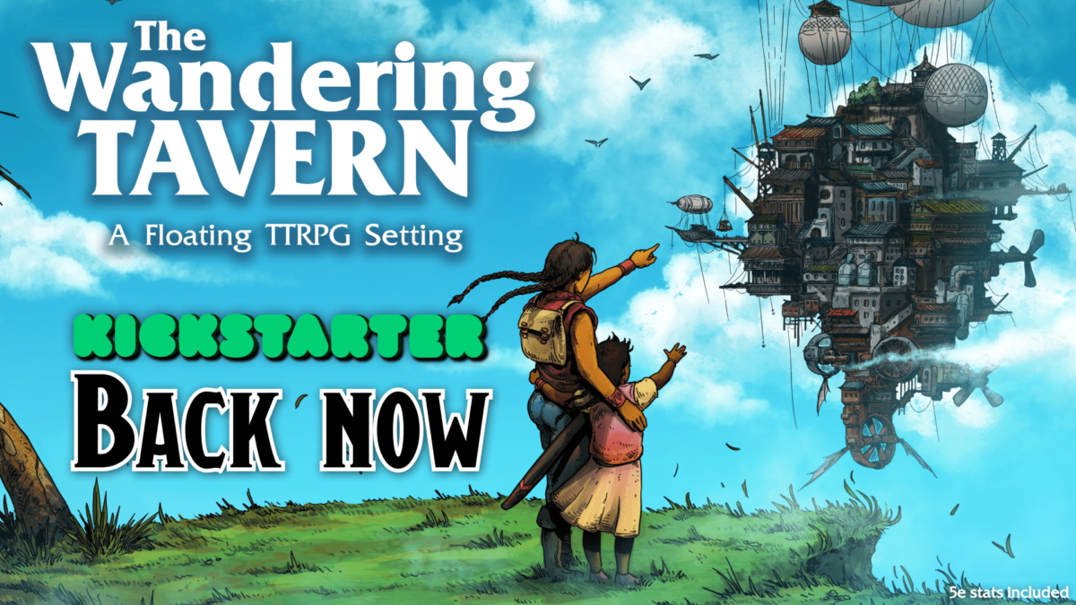 An adult and child pointing at a steampunk-like island floating in the sky. The Wandering Tavern, A Floating TTRPG Setting. Kickstarter, Back Now. 5E Stats Included