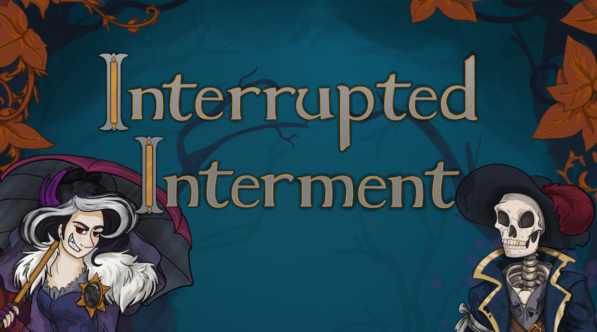 Interrupted Interment, vampire holding parasol, skeleton in pirate clothes