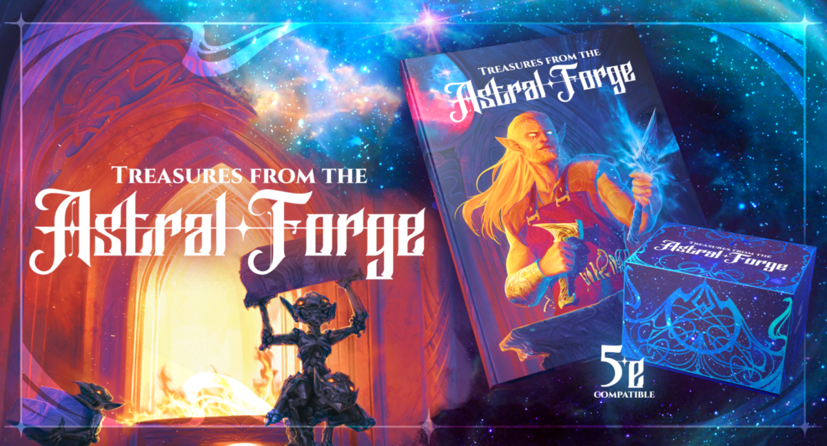 Treasures From The Astral Forge. 5e Compatible. Book and box showing automatons, a flaming forge with stellar background