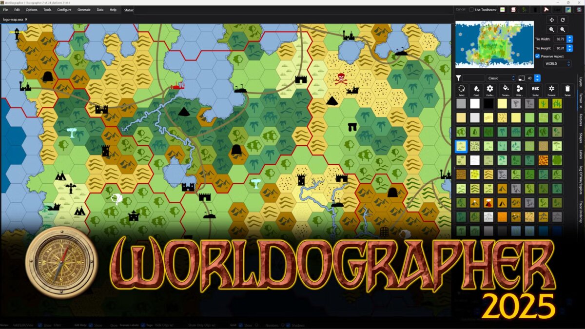 Worldographer 2025. Hex map grid of world map + icon sets